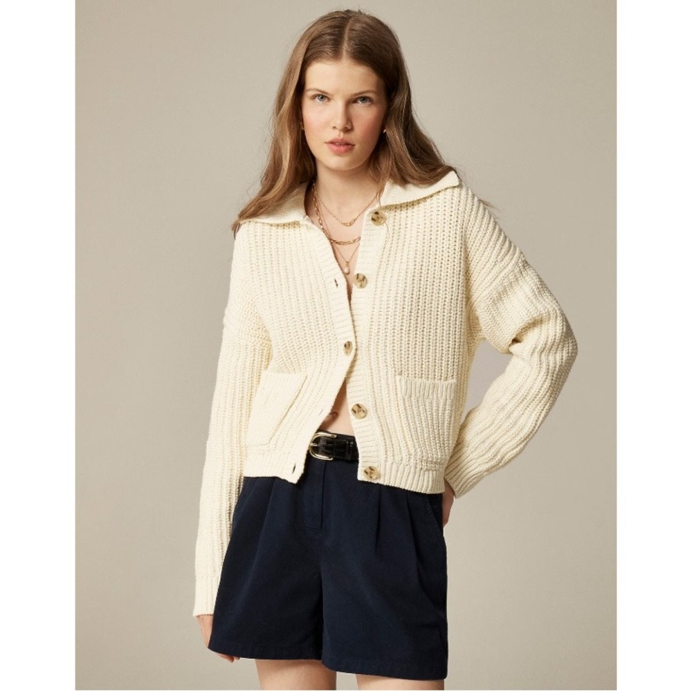 J. Crew‎ Collared Crewneck Cardigan Ivory Polo Fisherman Chunky Preppy Cotton XL